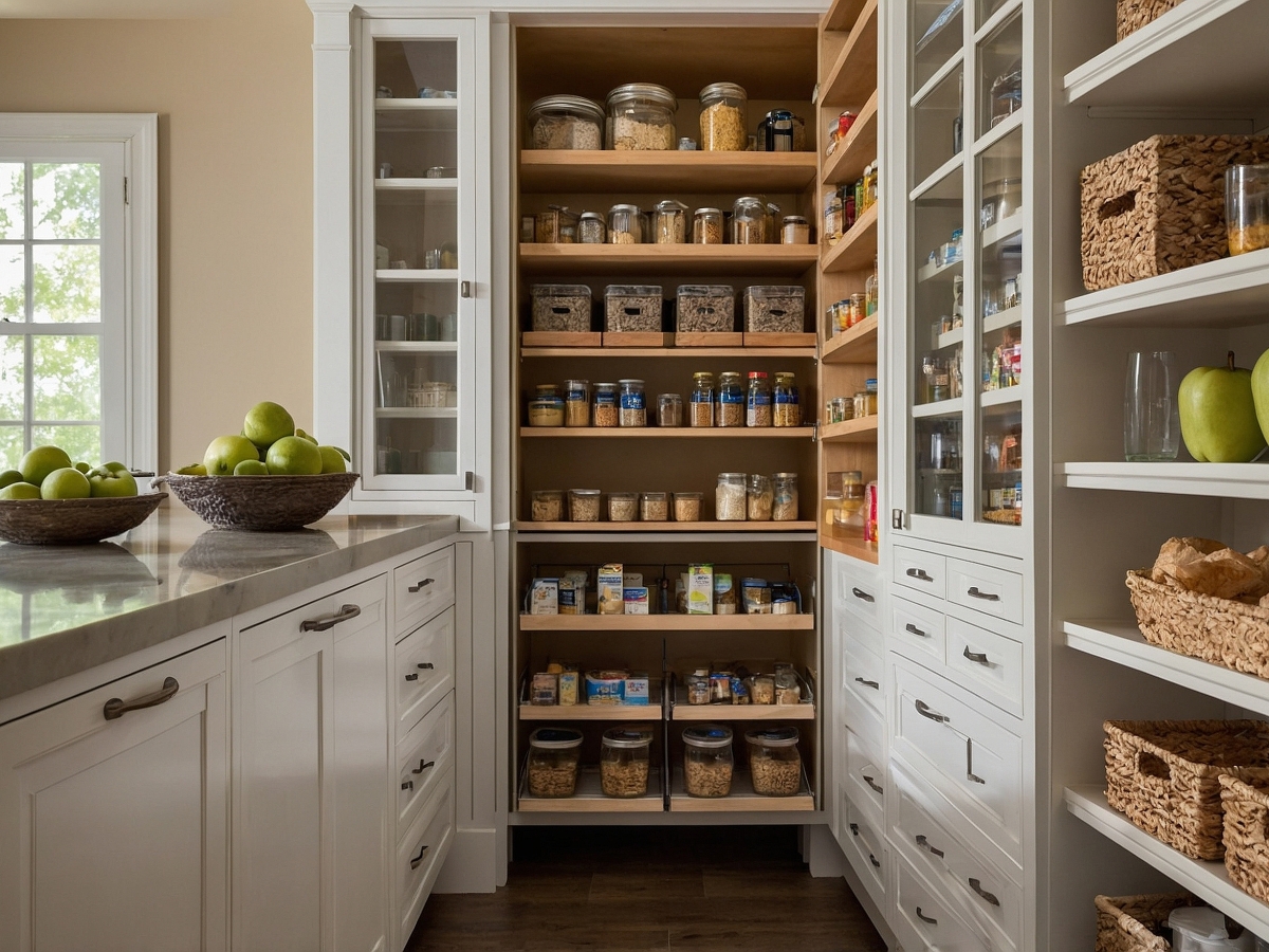 Essential Tips for Organizing Kitchen Cabinets 7 A well-organized pantry with shelves holding jars and containers of food, surrounded by white cabinets and baskets on a wooden floor—offering inspiration and tips for organizing kitchen cabinets efficiently.