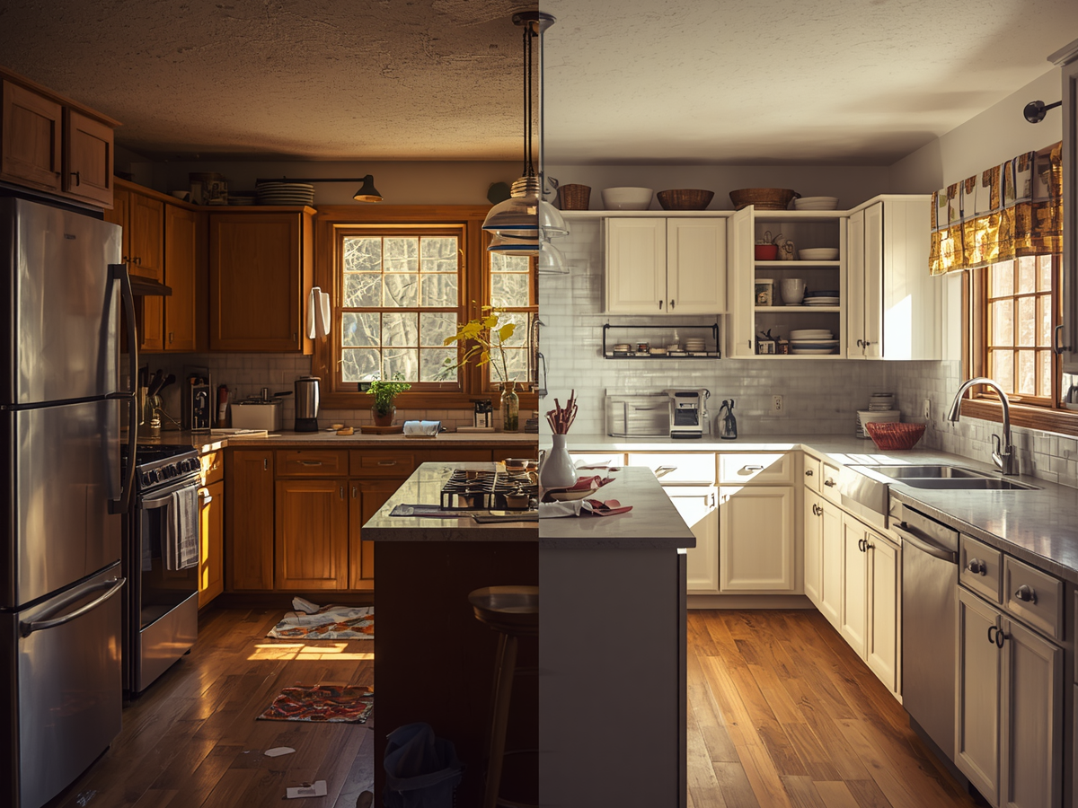 A kitchen split down the middle, with one side featuring dark wood cabinets and dim lighting, and the other showing white cabinets and bright, natural light—perfect inspiration for budget kitchen staging ideas.