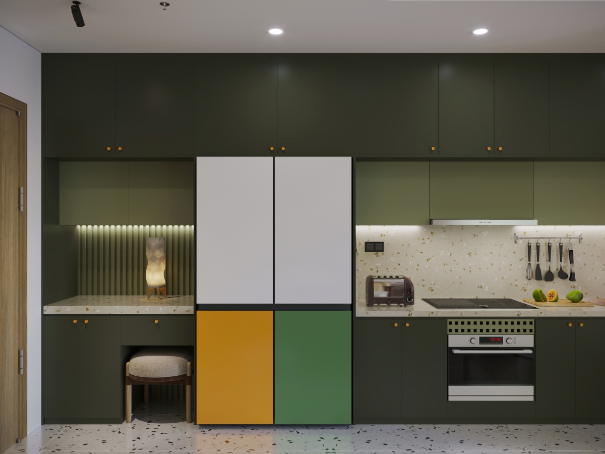 Modern kitchen with dark green cabinets, a stove, oven, toaster, and utensils on the wall; avoid kitchen staging mistakes to let features like the fridge with white, yellow, and green panels shine. A small stool is tucked under a counter.