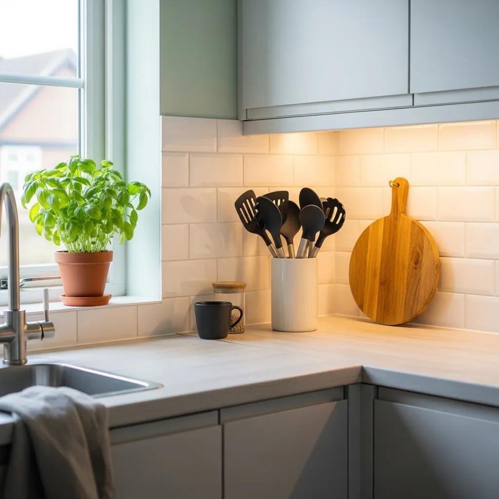 Staged budget kitchen with organized countertops and bright lighting