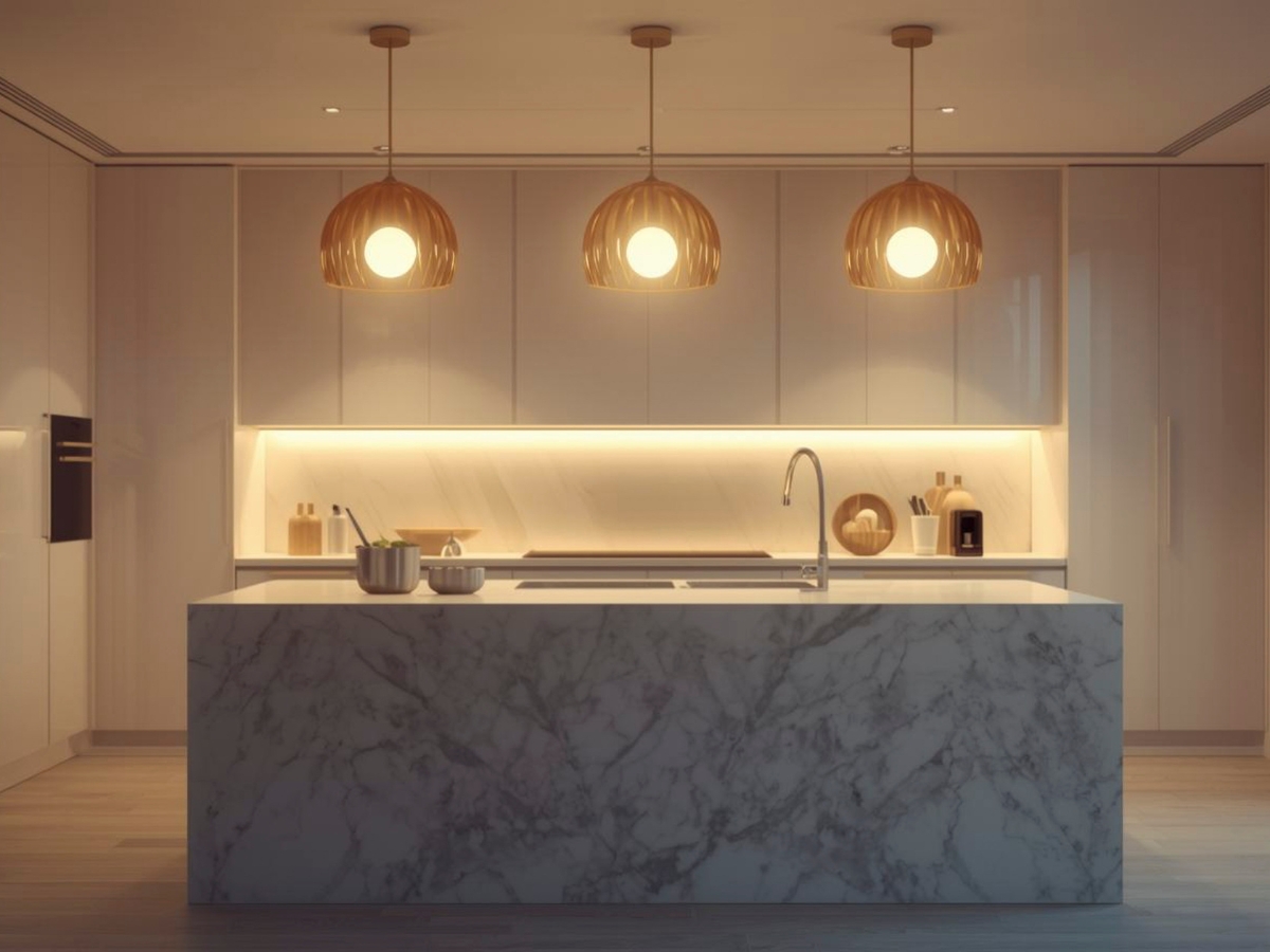 Modern kitchen with a marble island, built-in cabinets, three pendant lights, and various utensils on the countertop. Warm under-cabinet lighting sets the mood—perfect inspiration to choose kitchen colors for your own space.