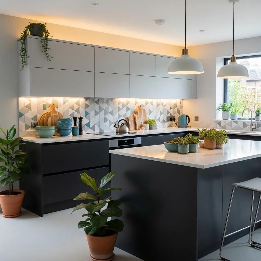 Modern kitchen with vibrant color palette featuring matte black and soft gray cabinets