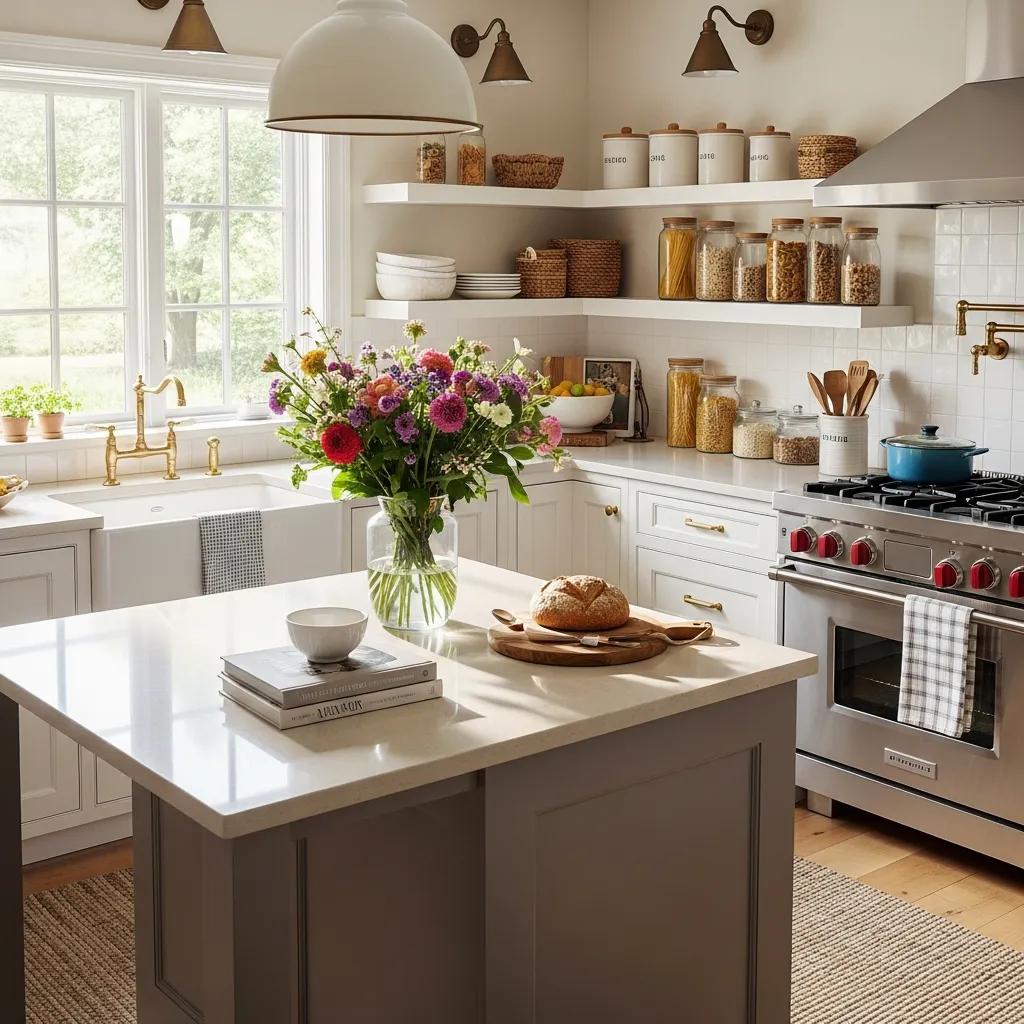 Staged kitchen with fresh flowers and stylish storage solutions