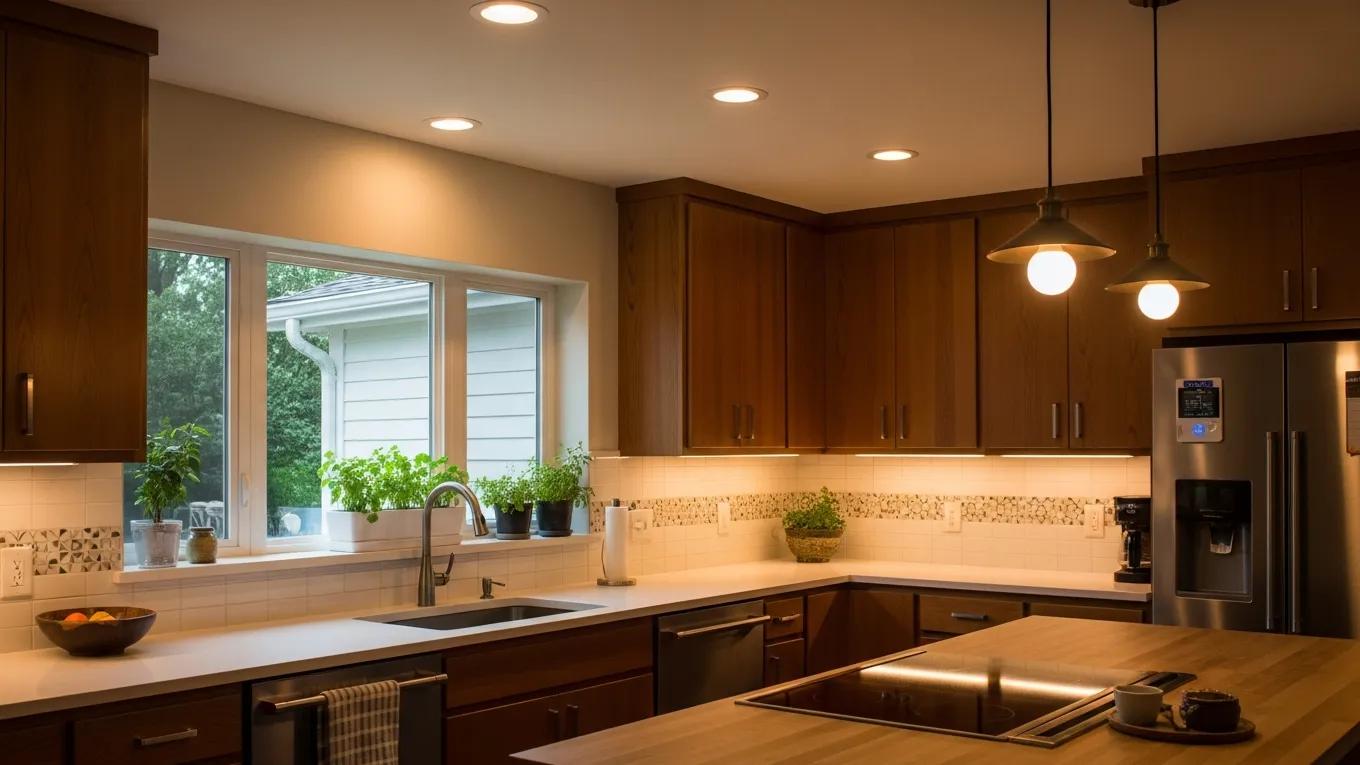Kitchen illuminated with energy-efficient lighting options including LED and smart systems