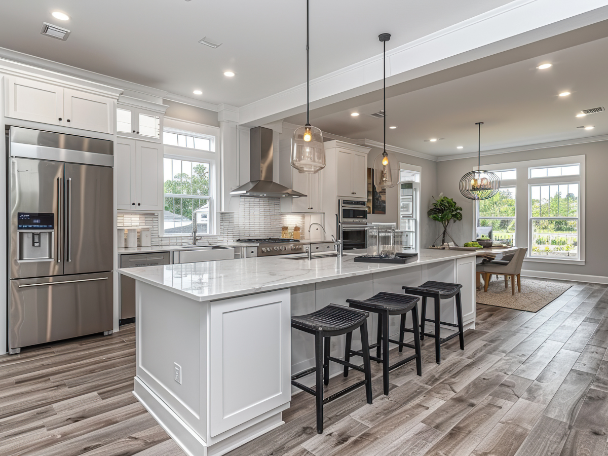 Maximize Space in Your Small Kitchen Today: Expert Storage Ideas and Efficient Layouts 7 Modern kitchen with white cabinets, stainless steel appliances, large island with three black stools, pendant lighting, and open dining area—perfect to maximize space in your small kitchen today.