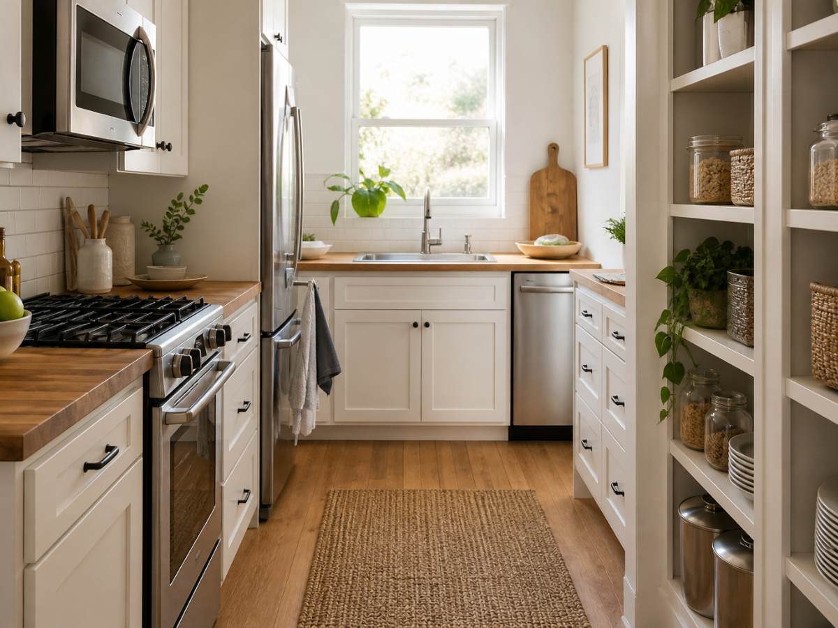 Maximize Space in Your Small Kitchen Today: Expert Storage Ideas and Efficient Layouts 2 A modern, narrow kitchen with white cabinets, wood countertops, and open shelving features stainless steel appliances and a window above the sink—all designed to maximize space in your small kitchen today.
