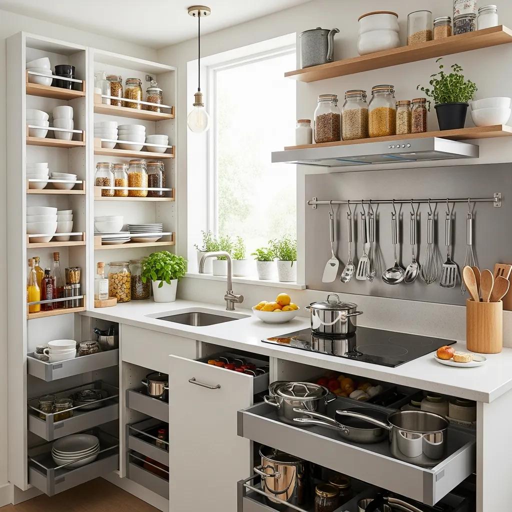 Maximize Space in Your Small Kitchen Today: Expert Storage Ideas and Efficient Layouts 1 Organized small kitchen with vertical shelving and innovative storage solutions