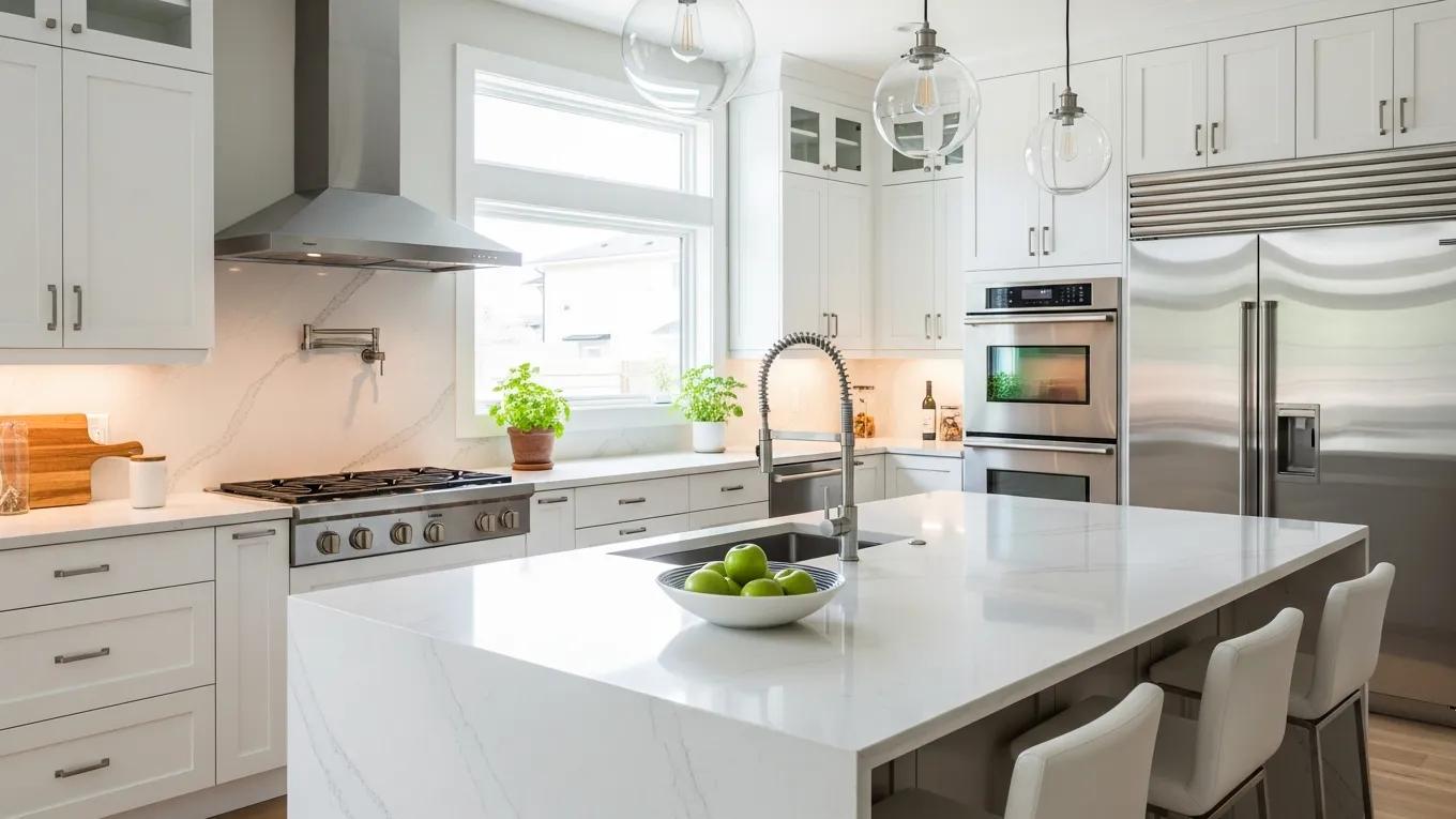 Popular Countertop Color Combinations for White Cabinets in Modern Kitchens 2 Bright kitchen with light quartz countertops and white cabinets