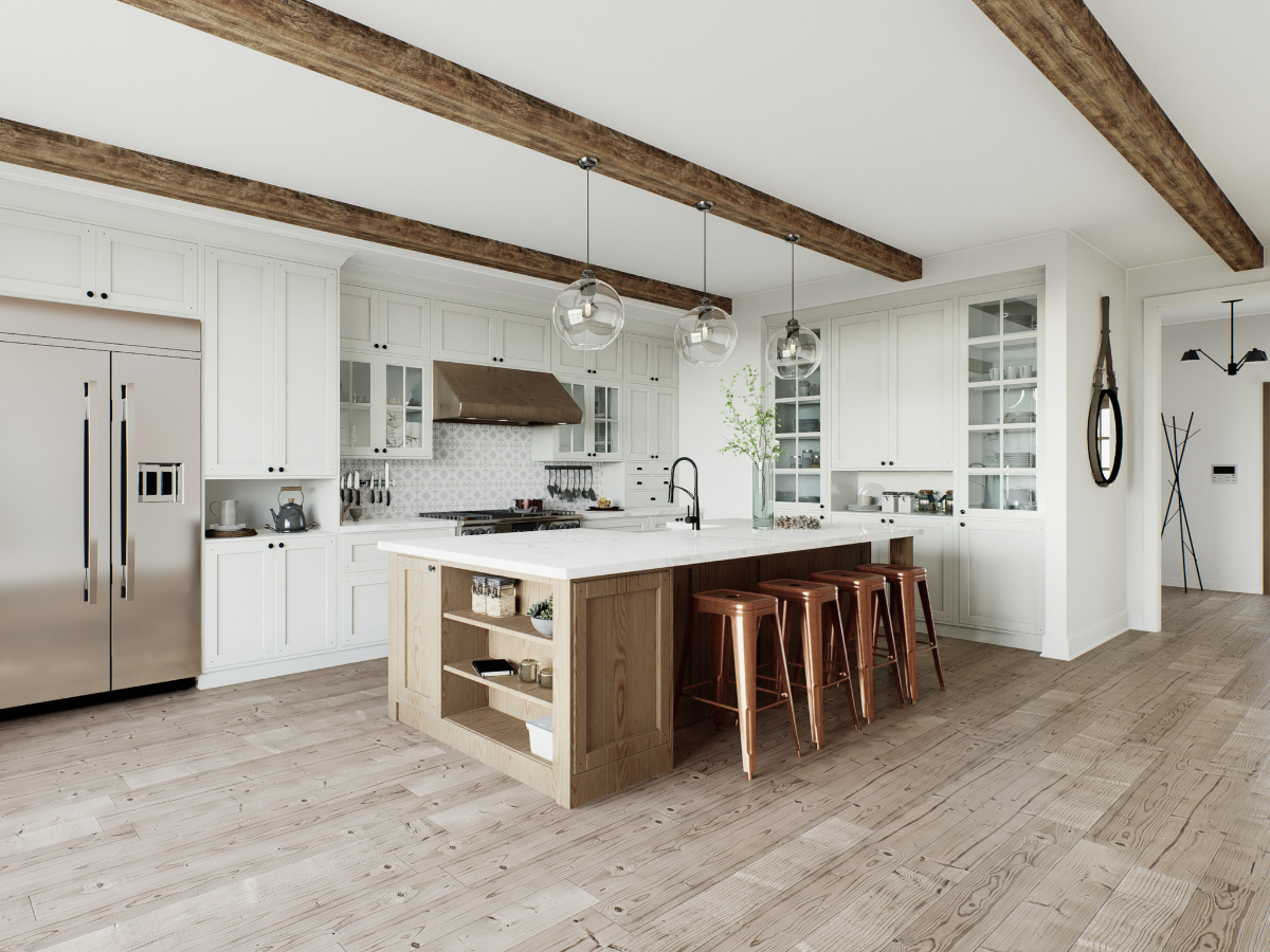 Popular Countertop Color Combinations for White Cabinets in Modern Kitchens 5 Modern kitchen with white cabinets showcasing stylish combinations for white cabinets, stainless steel appliances, a large island with a marble countertop, three copper stools, pendant lights, and exposed wooden ceiling beams.