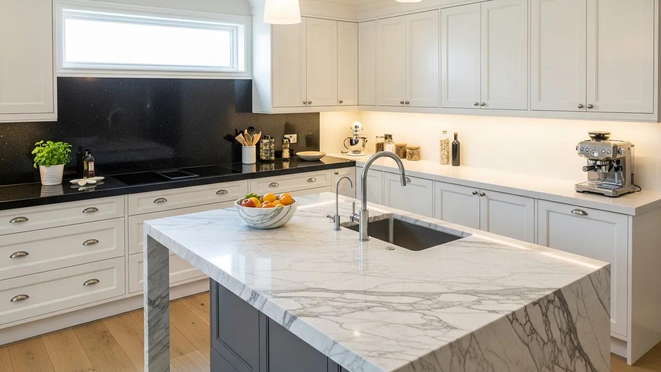 Popular Countertop Color Combinations for White Cabinets in Modern Kitchens 1 Elegant kitchen with white cabinets and various countertop colors