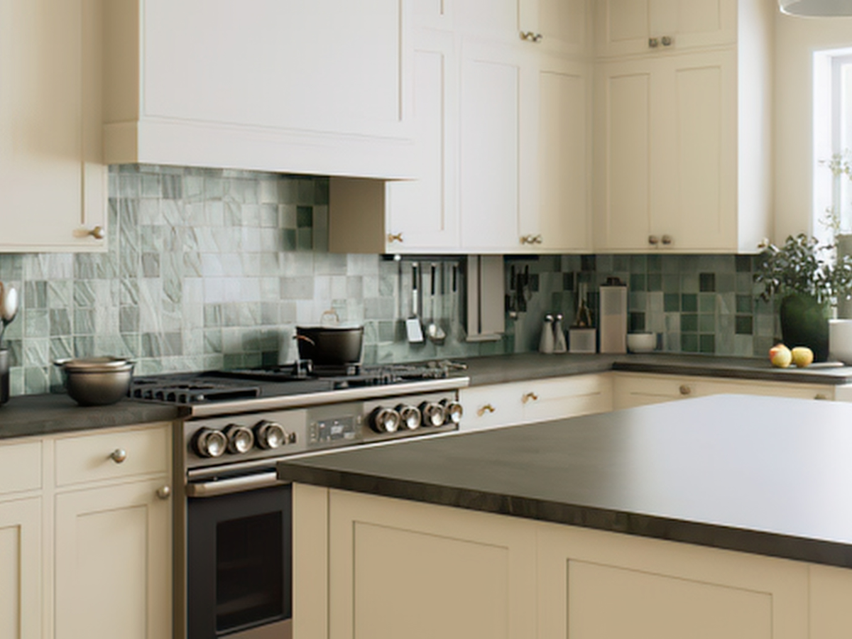 Modern kitchen with cream cabinets, a stainless steel stove, affordable backsplash tile in green, black countertop, and a large island. A pot is on the stove and fruit sits by the window.