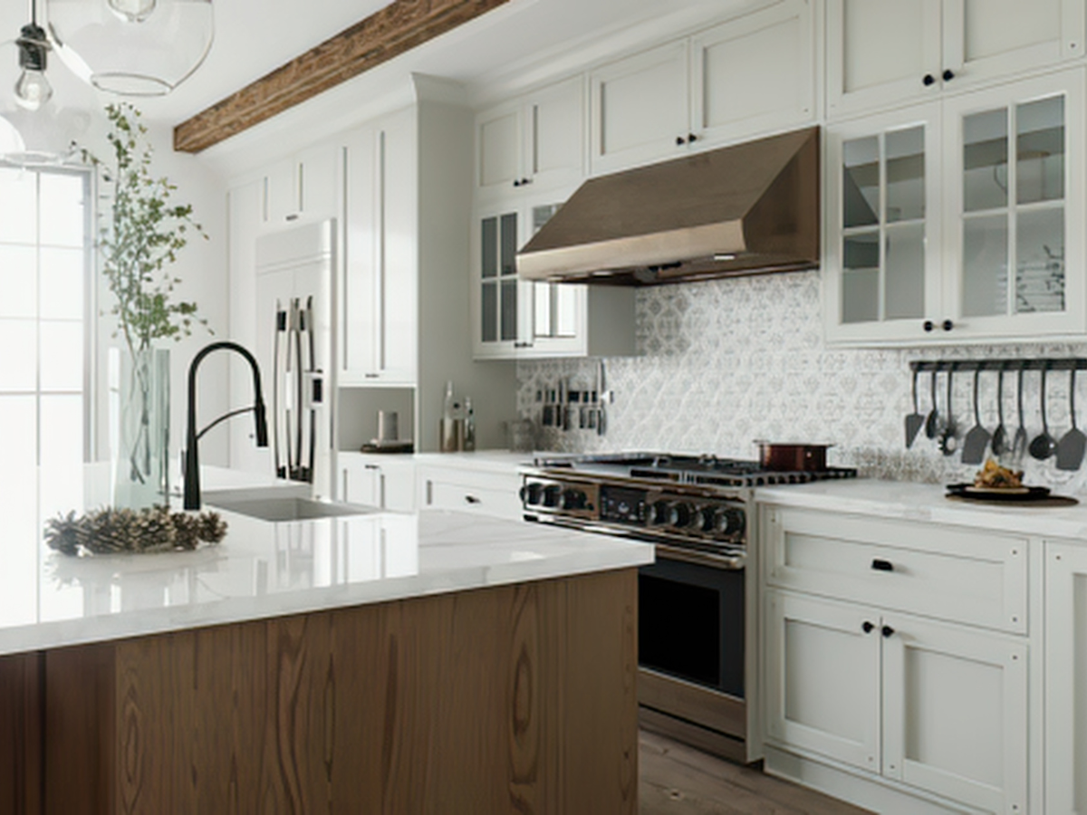 Modern kitchen with white cabinets, stainless steel appliances, and an affordable backsplash tile in a patterned design, complemented by a wooden island; utensils hanging above the stove and a vase with greenery on the counter.