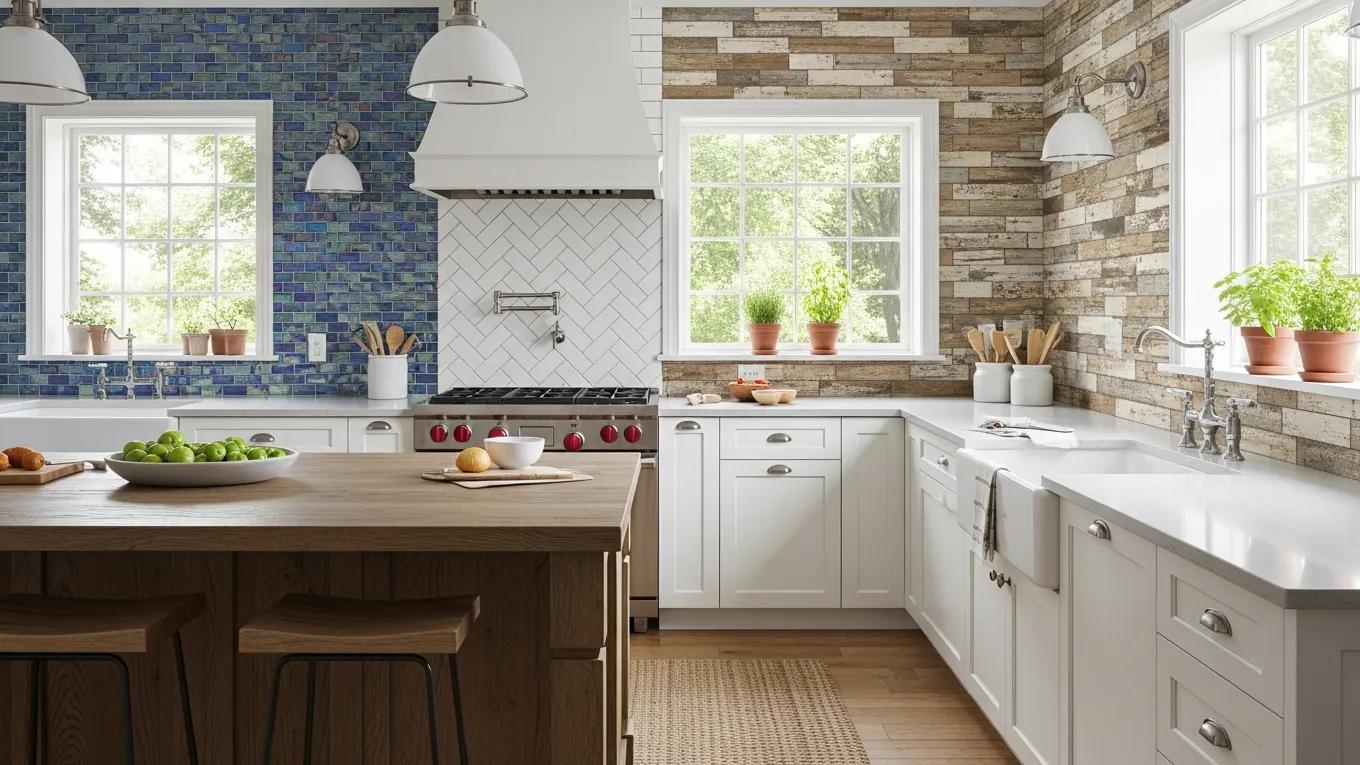 Stylish kitchen with various affordable backsplash tile options including ceramic and glass tiles
