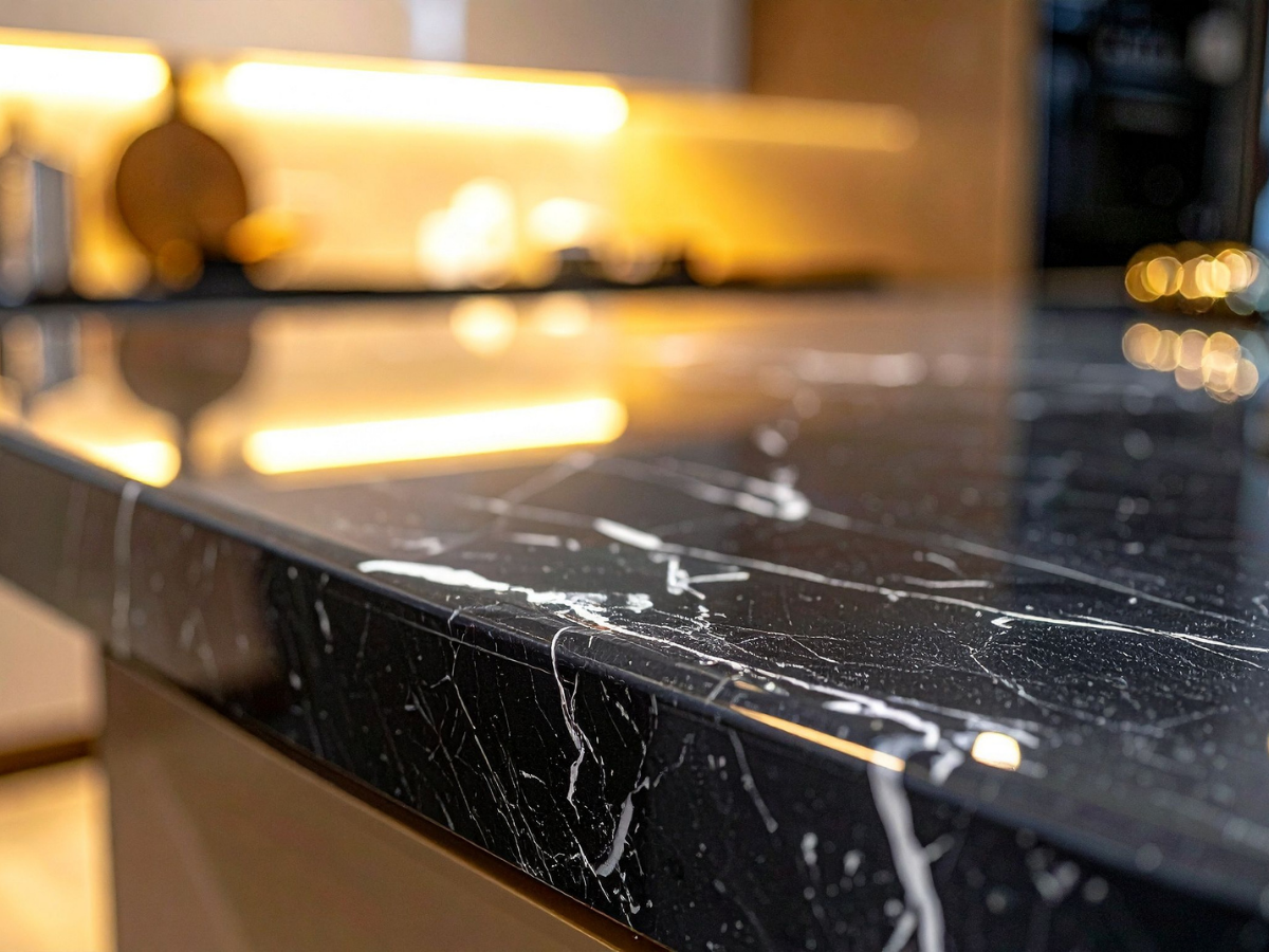 Granite vs Quartz Countertops: Which Is Best for Your Kitchen? 7 Close-up of a glossy black marble kitchen countertop with white veining, featuring blurred warm lighting and kitchen elements in the background—a stunning example that invites comparisons to granite vs quartz countertops in terms of elegance and design.