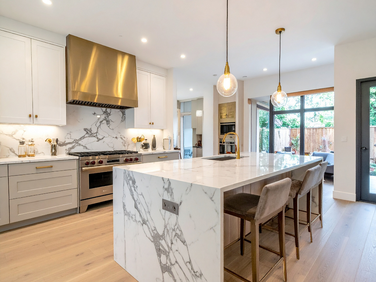 Granite vs Quartz Countertops: Which Is Best for Your Kitchen? 2 Modern kitchen with marble island, gold accents, stainless steel appliances, pendant lights, and large windows overlooking a fenced backyard—perfect for those weighing granite vs quartz countertops in their own dream home design.